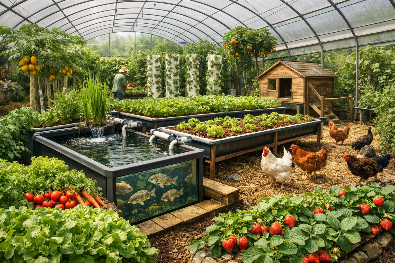 Aquaponics farm overview showing sustainable water systems